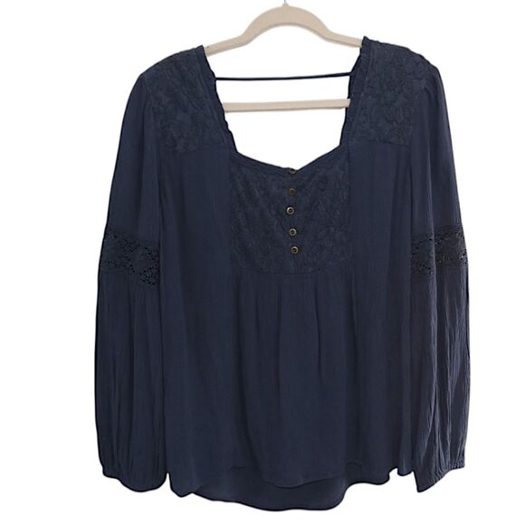 NWT  Maurices Navy Lace Peasant Blouse Size M Button Front Boho Long Sleeve Top - Picture 1 of 7